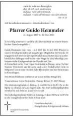 Todesanzeige Pfr. Guido Hemmeler (Foto: Kirchenvorsteherschaft Evang. Kirchgemeinde Altnau)
